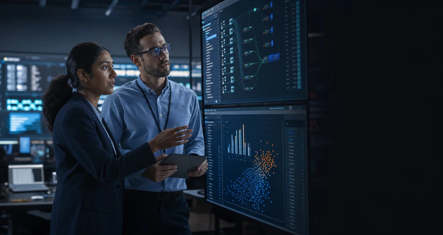 Machine learning specialists evaluating data patterns and business automation
